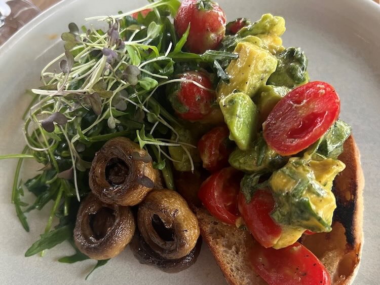 Avocado, Cherry Tomato Basil Salsa, Wood Fired Sourdough, Garlic Mushroom Caps, Aleppo Pepper, Wilted Spinach (vg, df, gfo, nf, af) – $28